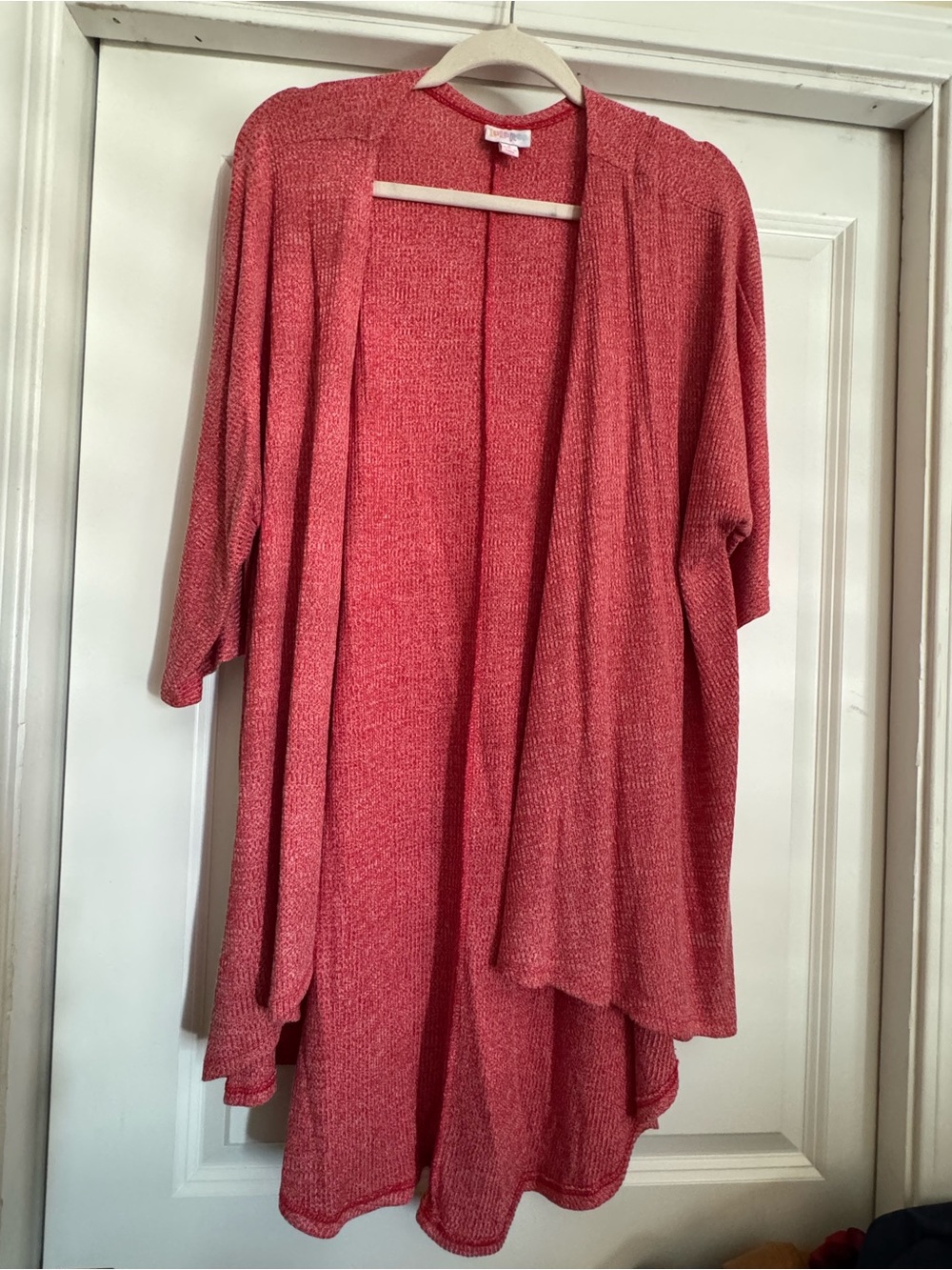 Lularoe Small Red White Heathered Open Front Rayon Blend Lindsay Cardigan